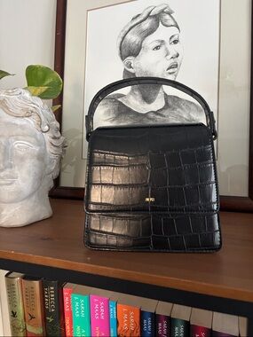 JW PEI Black Croc-Embossed Top Handle Satchel with Gold Logo